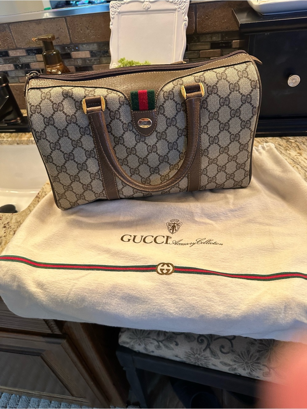 Gucci Brown GG Supreme Canvas Satchel with Signature Web Stripe